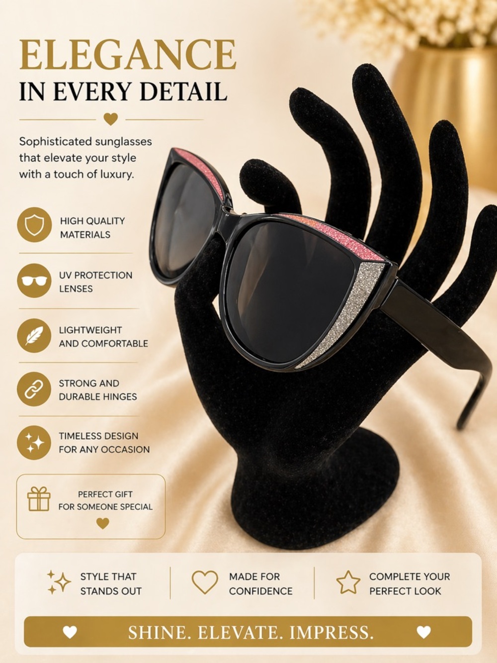 Elegant Black Sunglasses with Pink & Silver Accent - Women Accessories